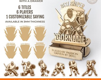Ice Hockey Trophy SVG Laser Cut Files with A Drawer For Gift Card Holder. Customizable Name, Title and Sayings. Instructions included.