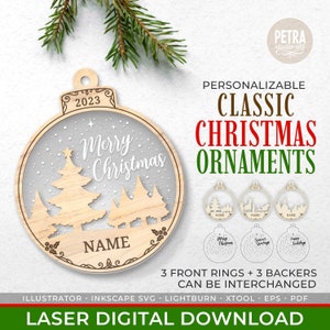 Classic Christmas Ornament Laser Files. Three Designs with Custom Text SVG. For Adobe Illustrator, Lightburn, Inkscape, XTool, Glowforge.