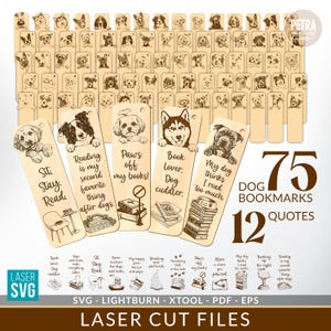 Könnte beinhalten: Eine Sammlung von 75 lasergeschnittenen Hund-Lesezeichen aus Holz mit 12 Zitaten. Jedes Lesezeichen zeigt eine andere Hunderasse-Illustration und ein Zitat über Hunde und das Lesen. Die Lesezeichen sind hellbraun.
