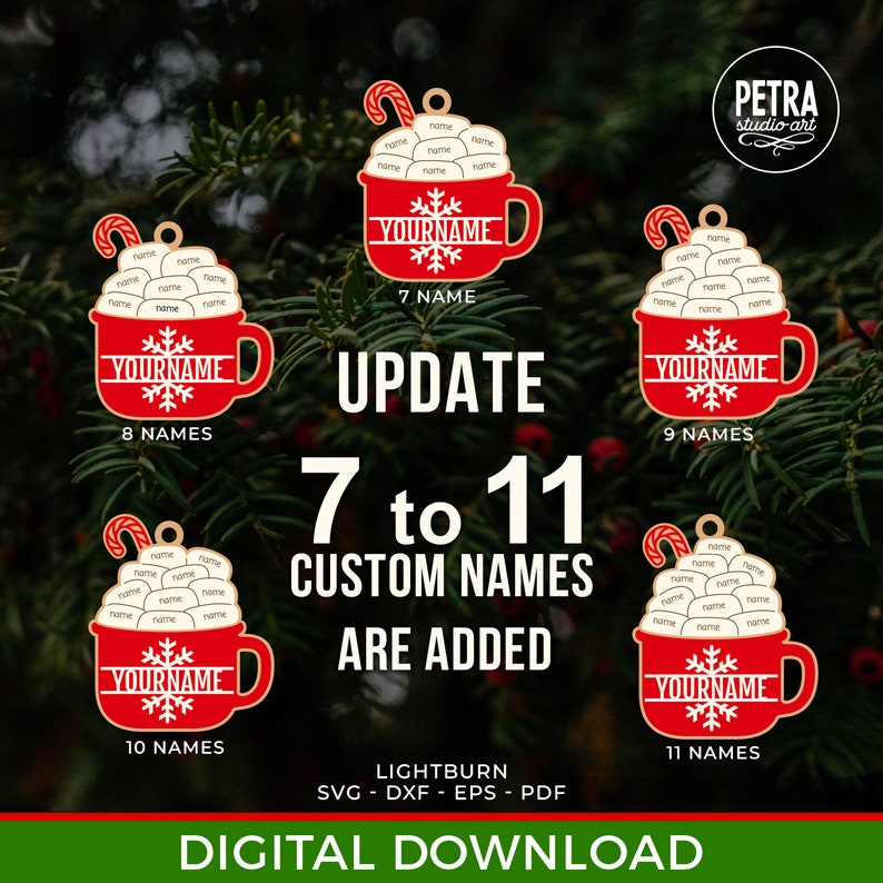 Christmas Ornament Hot Cocoa Laser SVG Bundle Files With Editable Names. Personalizable Up To Six Names For Christmas Tree Ornaments. image 2