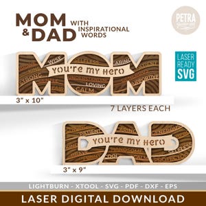 Archivos cortados a láser con palabras inspiradoras para el Día del Padre y el Día de la Madre. Compatibles con Glowforge, XTool, Aeon, etc.