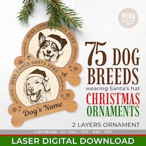 Ornamento natalizio per file laser SVG Bundle per cani. Razze canine popolari con auguri divertenti. Il nome del cane può essere personalizzato.