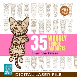 May include: A digital laser file for 35 wobbly fridge magnets with a 3mm thickness, featuring various cat illustrations in a light wood tone with dark brown markings, including a large central cat graphic and the text 35 WOBBLY FRIDGE MAGNETS.