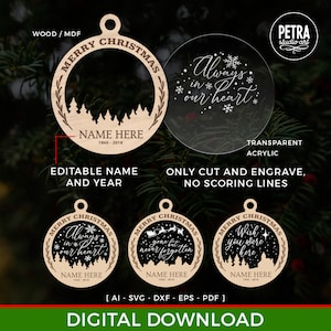 May include: A digital download of four different Christmas ornament designs. The ornaments are made of wood and feature a variety of designs, including a forest scene, a heart with the words "Always in our heart", a Santa flying with the words "Gone but never forgotten", and a star with the words "Wish you were here". Each ornament can be personalised with a name and year.