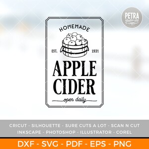 Puede incluir: Ilustraci&oacute;n en blanco y negro de un cartel vintage con el texto "HOMEMADE EST. 1931 APPLE CIDER open daily". El cartel presenta una cesta de manzanas.