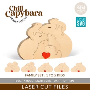 Capybara Family Puzzle CNC Laser Cut und Gravur Dateien Bundle. Mit optionalen Rahmen, Untersetzern und Zitaten. Laser Bereit für Glowforge.