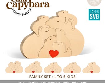 Lot de fichiers découpés et gravés au laser CNC Capybara Family Puzzle. Avec cadres, supports et devis en option. Prêt pour le laser pour Glowforge.