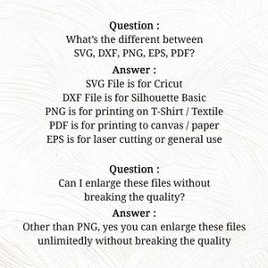 May include: A white background with text detailing the differences between SVG, DXF, PNG, EPS, and PDF file types. It also answers if these files can be enlarged without losing quality.