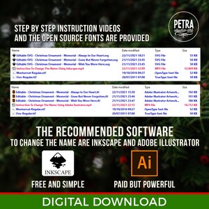 May include: A digital download for a Christmas ornament SVG file. The ornament features a memorial design with the text "Always In Our Heart". The download includes instructions for changing the name using Inkscape and Adobe Illustrator.