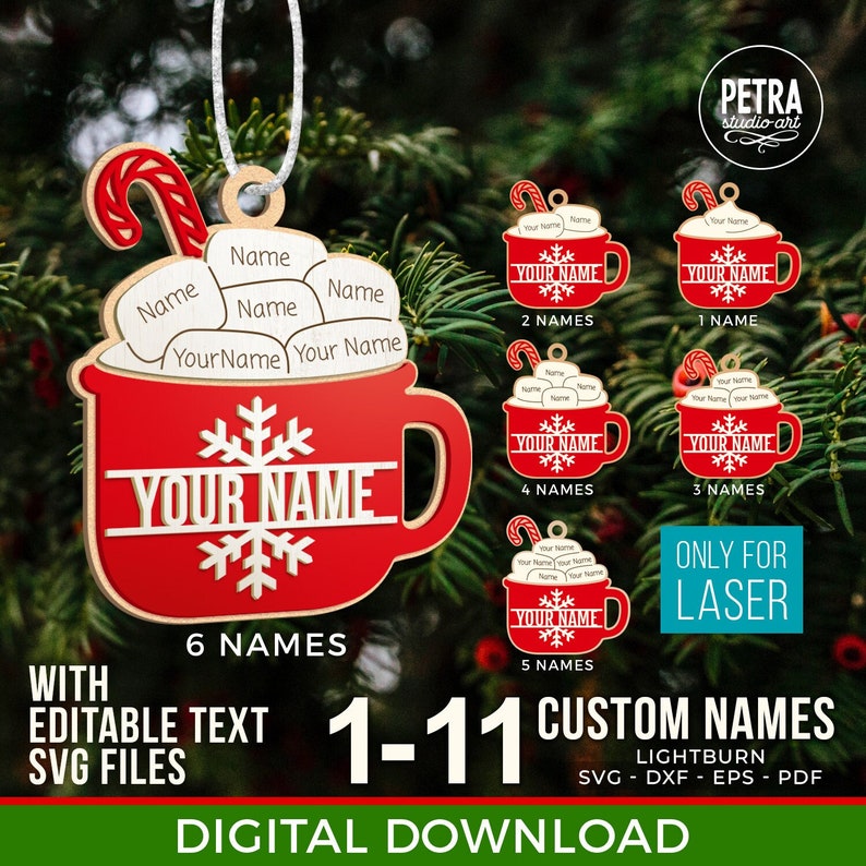 Hot Cocoa Christmas Ornament Laser Files with up to 11 customizable names