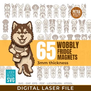 May include: A digital laser file for 65 wobbly fridge magnets, 3mm thickness, featuring various dog breeds holding coffee cups. The design includes the text 65 WOBBLY FRIDGE MAGNETS, 3mm thickness, LASER READY SVG, and DIGITAL LASER FILE.