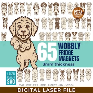 Peut inclure: Un fichier laser numérique comprenant 65 aimants de réfrigérateur oscillants représentant diverses races de chiens. Le design inclut une grande illustration centrale de chiot, de nombreuses petites figures de chiens et le texte 65 WOBBLY FRIDGE MAGNETS 3mm thickness.