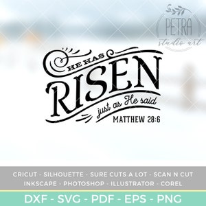 May include: Black and white graphic design with the text "He Has Risen" and "just as He said" with the scripture reference "Matthew 28:6".