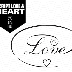 Op de afbeelding: Zwart-wit grafisch ontwerp van het woord "Love" in een cursief lettertype met een swirl-ontwerp. Het woord bevindt zich in een zwarte ovaal met een klein hartje onderaan.