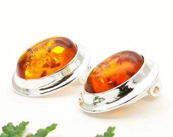 Grandma Gift Amber Silver Clip On Earrings, Large Sterling Silver Amber Stone Simple Clip On Earrings, Big Amber Gemstone Clip On Earrings