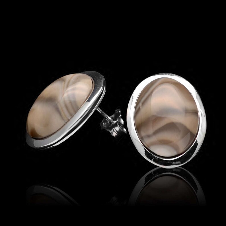 Striped Flint Oval Earrings Cappuccino Flint Stud Earrings 15x19mm Beige Stud Earrings Sterling Sliver Large Stone Studs Handmade Flint