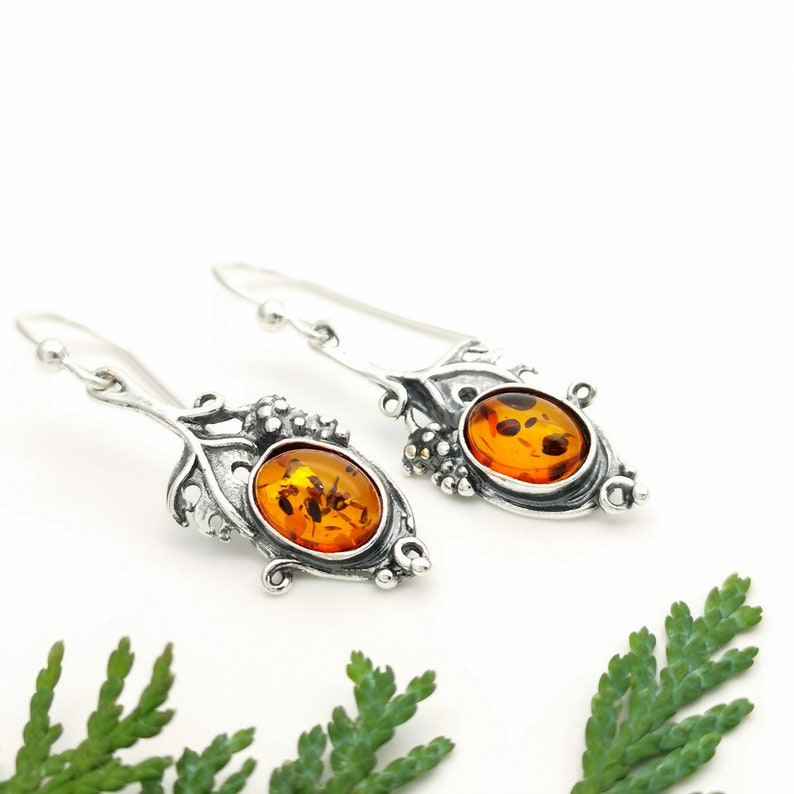 Sterling Silver Leaf Dangle Earrings Honey Amber Earrings Nature Earrings Oxidised Black Silver Earrings Gemstone Silver Drop Earrings