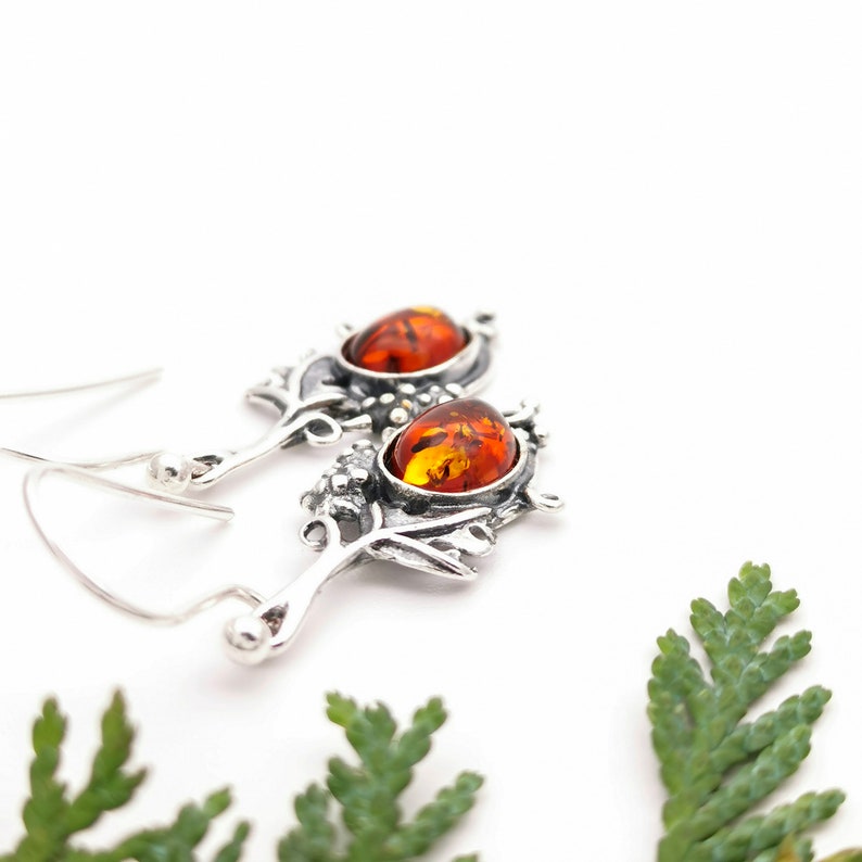 Sterling Silver Leaf Dangle Earrings Honey Amber Earrings Nature Earrings Oxidised Black Silver Earrings Gemstone Silver Drop Earrings