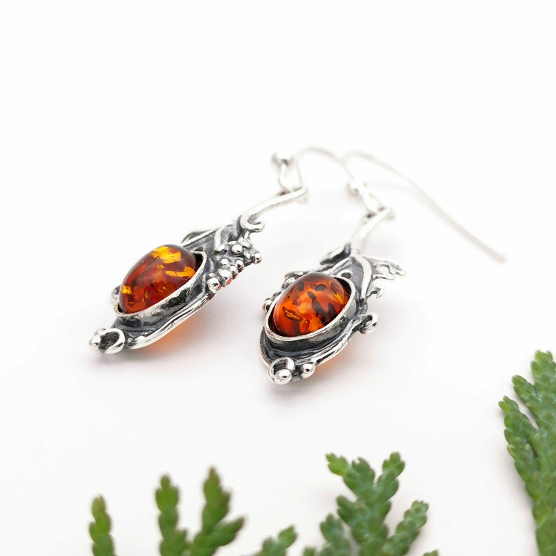 Sterling Silver Leaf Dangle Earrings Honey Amber Earrings Nature Earrings Oxidised Black Silver Earrings Gemstone Silver Drop Earrings