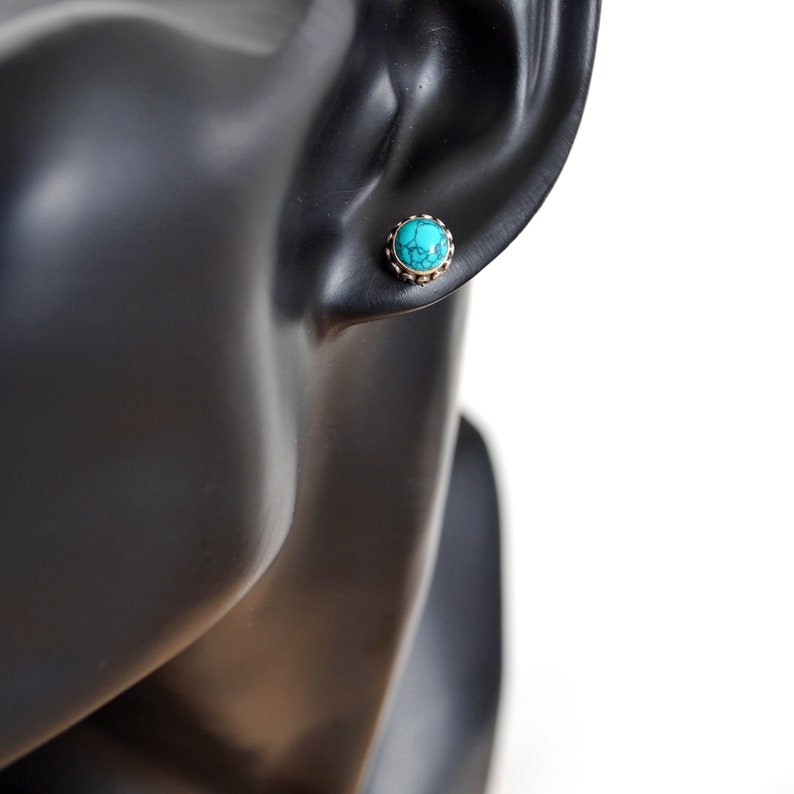 Sterling Silver Gemstone Earrings Beautiful Bali Style Veined Turquoise and Silver Stud Earrings Silver Swirl Stud Earrings Vintage