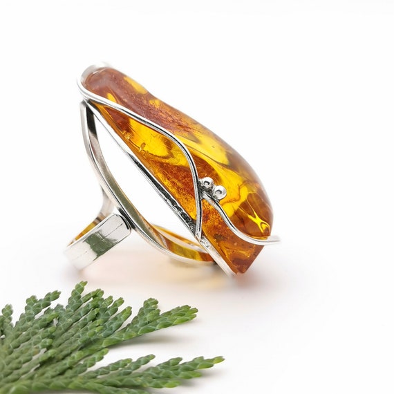 Raw Stone Ring, Statement Baltic Amber Ring, Chunky Ring, Long Natural Rough Amber Stone Ring, Large Ring, Adjustable Ring, Unique Ring, 7 O