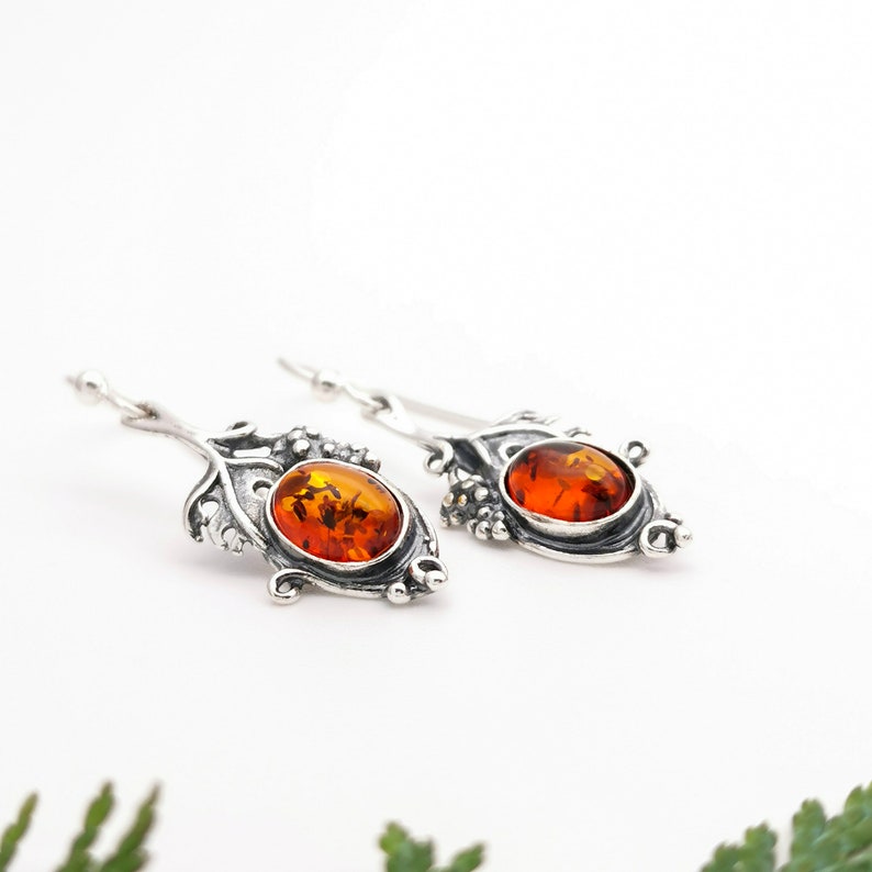 Sterling Silver Leaf Dangle Earrings Honey Amber Earrings Nature Earrings Oxidised Black Silver Earrings Gemstone Silver Drop Earrings