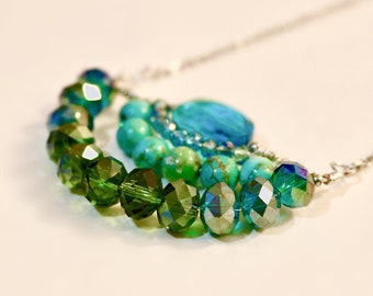 Turquoise Beaded Wire Wrapped Pendant Necklace