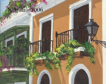 Old San Juan balconies, original acrylic painting, Puerto Rico