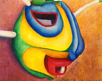 Coconut mask, original acrylic painting, Puerto Rico