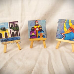 Miniature original acrylic paintings, Vejigante Mask, Old San Juan, Reyes Magos, Puerto Rico