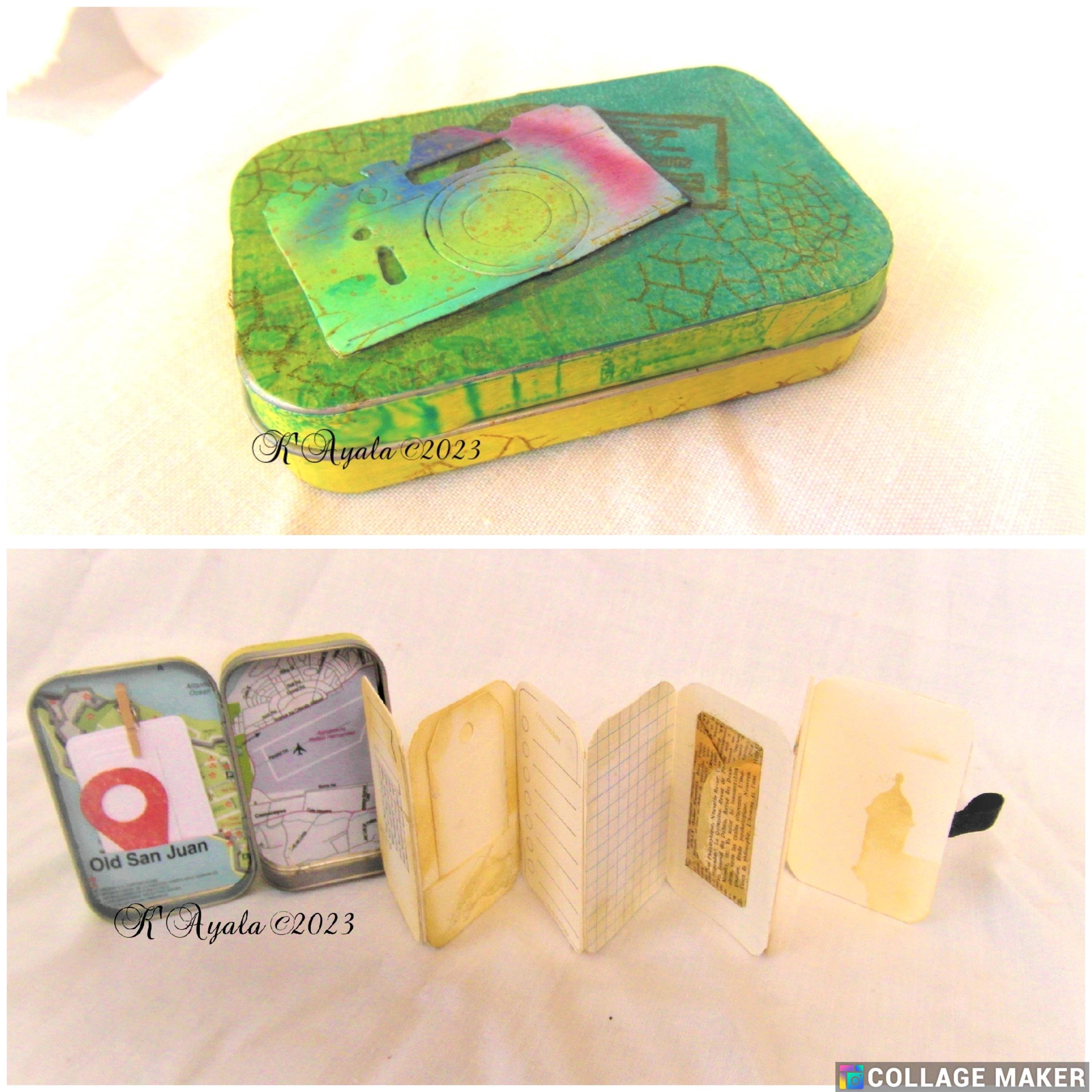 Altered tin box & handmade accordion book/journal, mixed media art, Puerto Rico