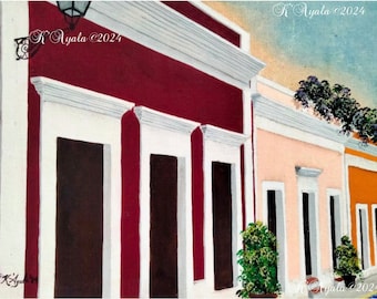 May include: Painting of a row of colorful houses with white trim and doors. The houses are painted in shades of red, pink, and orange. The painting is signed "K Ayala ©2024".