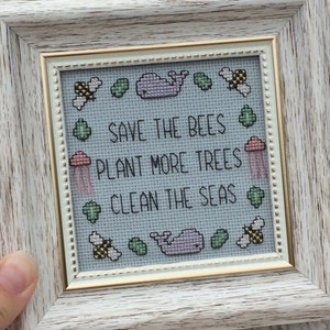 PDF Zählmuster - Save the Bees - Mehr Bäume pflanzen - Die Meere reinigen - Moderner Kreuzstich - Kleine Kreuzstiche - Umweltschützer