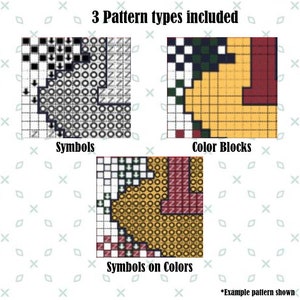 May include: Three different cross-stitch pattern types are shown: symbols, color blocks, and symbols on colors. The example pattern is a yellow, red, and green design.