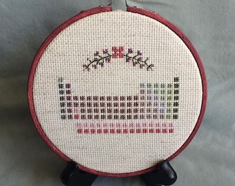 Puede incluir: Un bordado de punto de cruz de la tabla periódica de los elementos con un diseño floral en la parte superior. El bordado está enmarcado en un aro de madera redondo con una mancha roja y se muestra en un soporte negro.