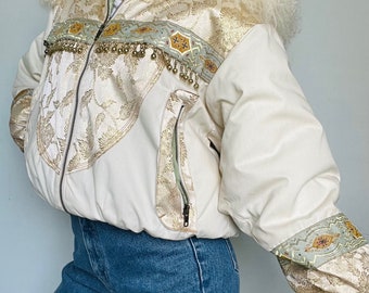 Vintage Western Bohemian insulated bomber jacket genuine fur collar