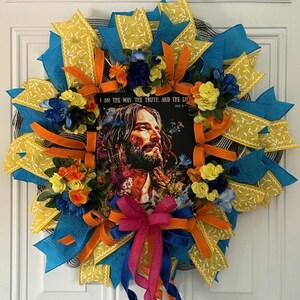 Jesus Wreath, Religious Door Decor, Christian Wreath, I Am the Way Wreath, Bright Floral Wreath, Scripture Wreath, Easter Wreath, Faith