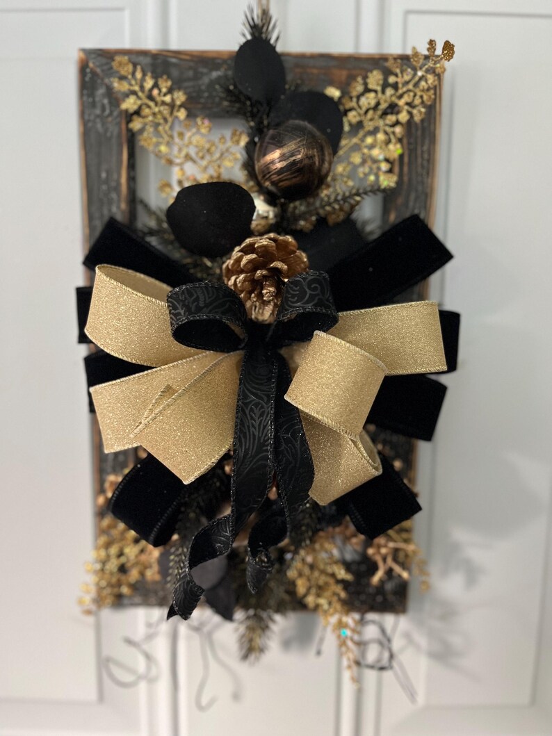 Rustic Black and Gold Window Frame Holiday Decor: Velvet Bow Wall ...