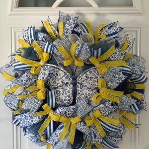 Chinoiserie Butterfly Wreath, Blue and White Front Door Wreath, Yellow Accent Spring Wreath, Summer Chinoiserie Decor, Butterfly Door Hanger