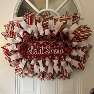 Let It Snow Christmas Wreath,Czerwono-Biała Zimowa Dekoracja Drzwi,Wianek Wstążkowy Na Święta,Świąteczna Dekoracja Drzwi Wejściowych