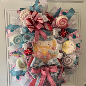 Nutcracker Christmas Wreath, Candy Land Holiday Door Decor, Whimsical Pink and Blue Nutcracker Wreath, Christmas Candy-Themed Wreath