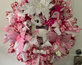 Pink Reindeer Christmas Wreath: Woodland Nursery Decor, 30-Inch