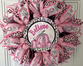 Pink Leopard Print Pumpkin Wreath: Breast Cancer Awareness Decor