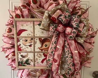 Vintage Santa Wreath: Pink Ribbon Christmas Door Decor