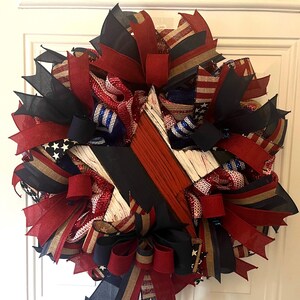 Handmade Patriotic Wreath: Rustic Wooden Star, Red White Blue Ribbon Decor