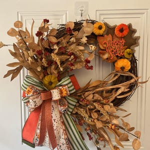 Handmade Fall Grapevine Wreath: Rustic Pumpkin & Floral Door Decor
