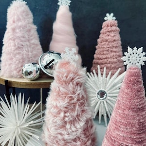 Pink Christmas Décor – 5 Blush Holiday Trees, Handmade Mini Trees-Cozy Winter Centerpiece, Modern Farmhouse Christmas Decorations