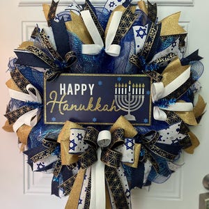 Happy Hanukkah Wreath,Blue and Gold Hanukkah Door Decor,Star of David Ribbon Wreath,Menorah Holiday Decoration, Winter Wreath,Winter Decor
