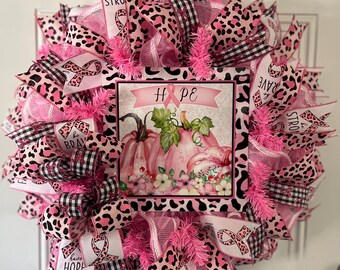 Handmade Breast Cancer Awareness Wreath: Pink Ribbon Leopard Print Pumpkin Decor