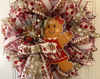 Handcrafted Gingerbread Girl Christmas Wreath - Festive Holiday Door Decor - Red and White Winter Decoration